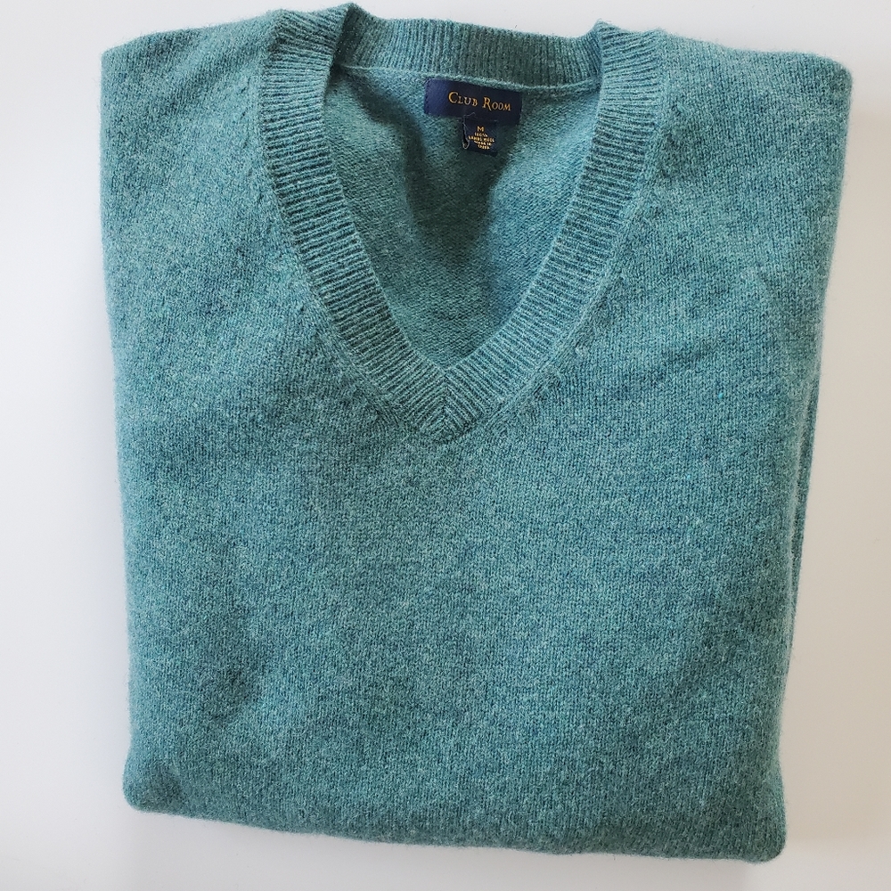 Club Room lambs wool v-neck sweater blue green medium